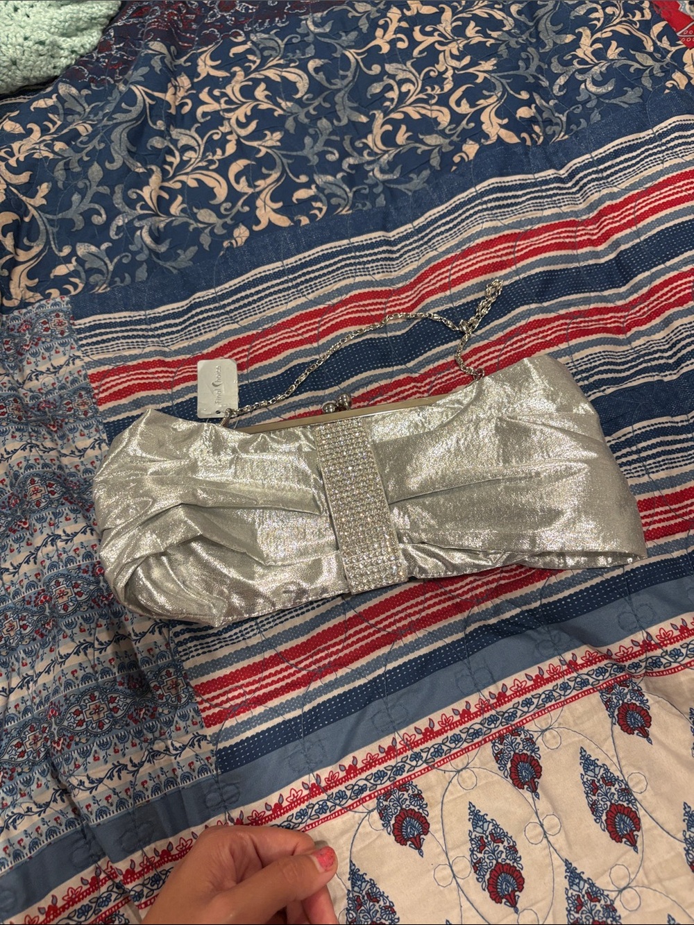 Silver Evening Clutch Bag with Rhinestone Accent